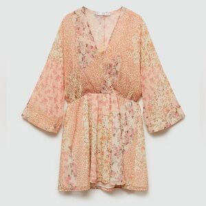 Mango | Floral Chiffon Long Sleeve V-Neck Mini Dress - Pink & Cream | Sz S US 4